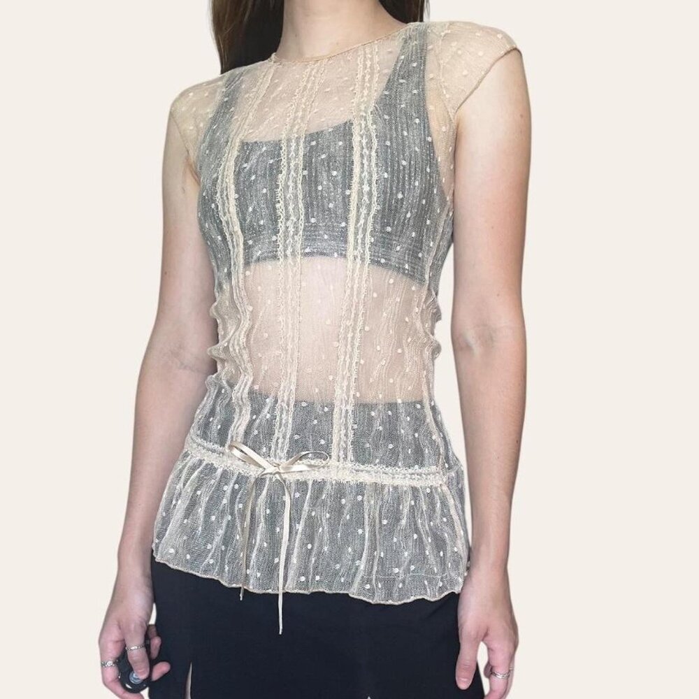 Y2k vintage sheer tan drop waist tunic top